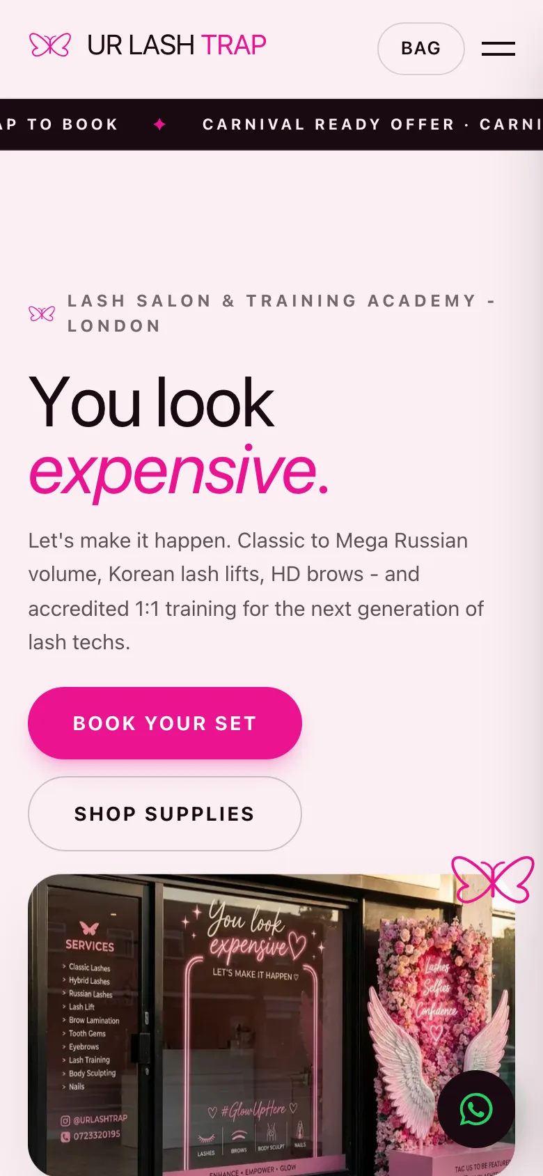 UR Lash Trap website - mobile view